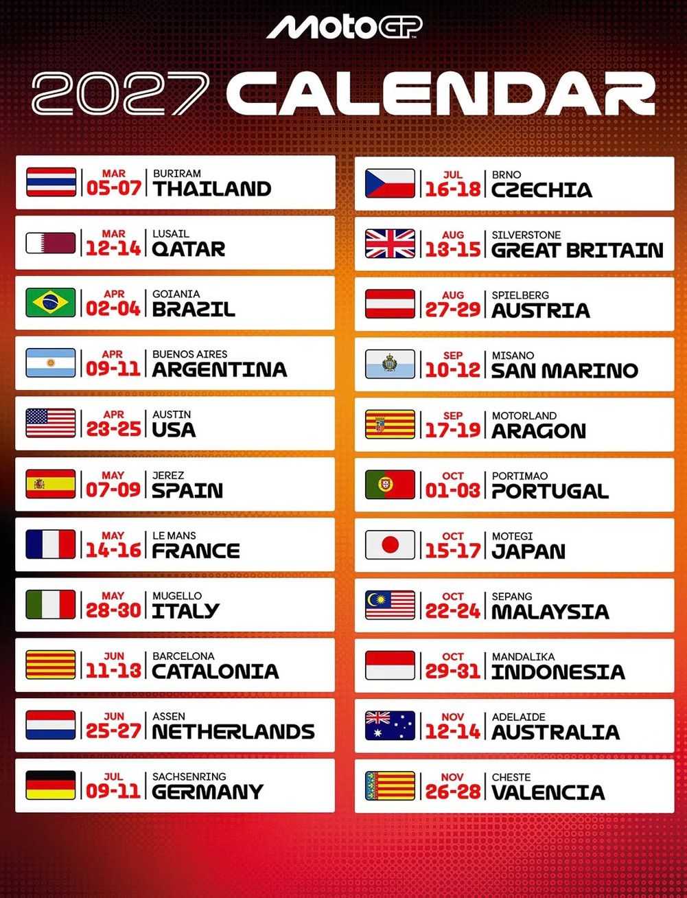 Calendario de MotoGP 2027